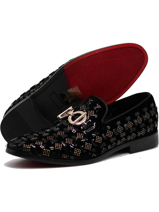 PARRAZO Men\'s Black Gold Glitter Rhinestone Loafers Metal Buckle Slip On Shoes main image 6